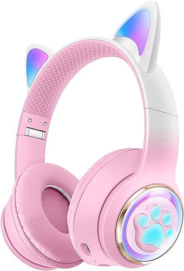 Cat Ear Wireless Bluetooth Headphones for Girls with LED Light and Microphone